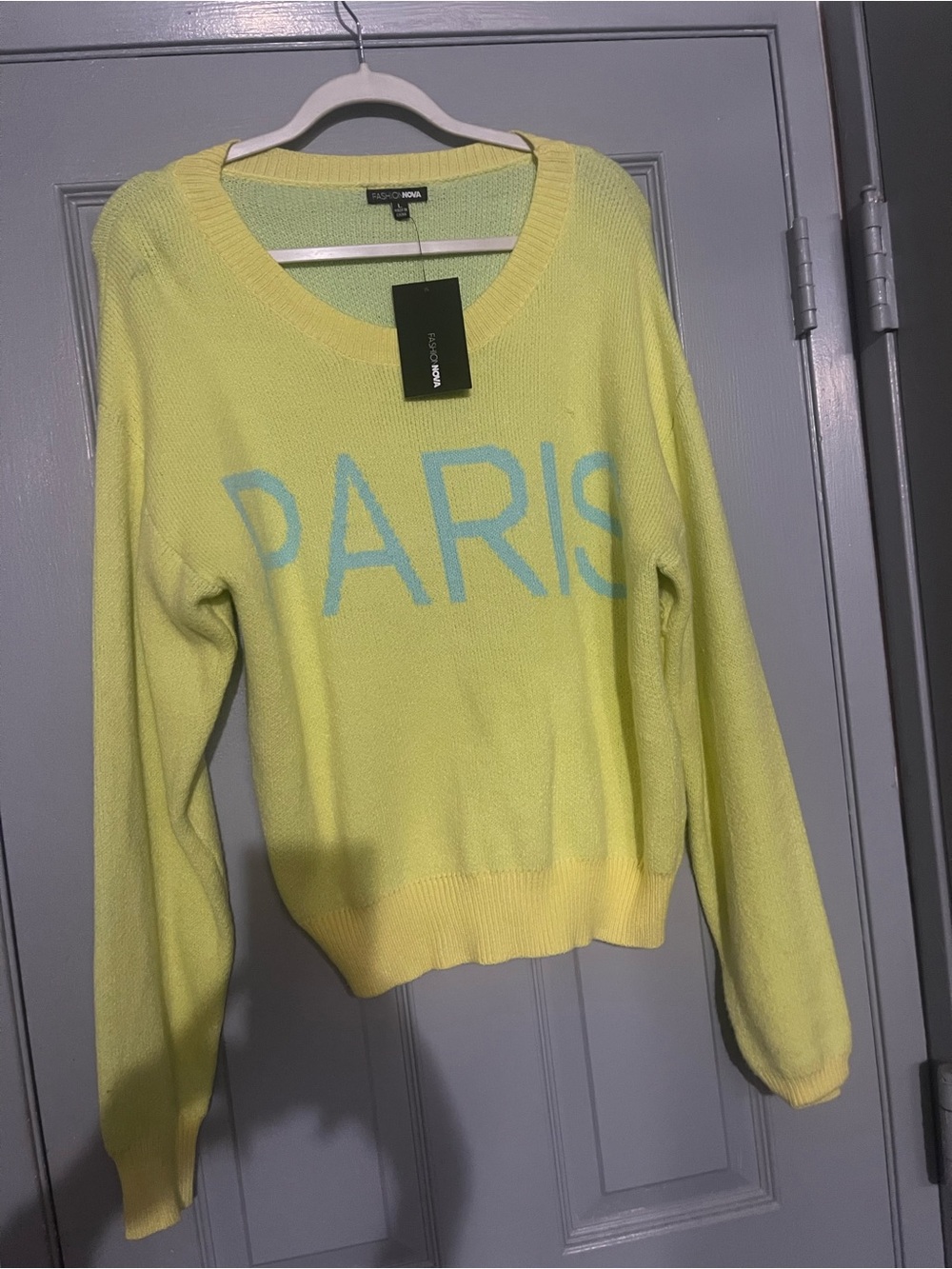 Fashion Nova Yellow PARIS Scoopneck Sweater with Light Blue Lettering